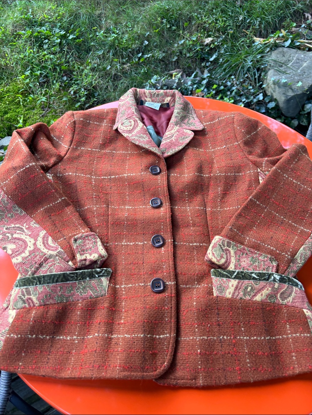 Harve Benard Rust Plaid Wool-Blend Button Jacket with Paisley Trim